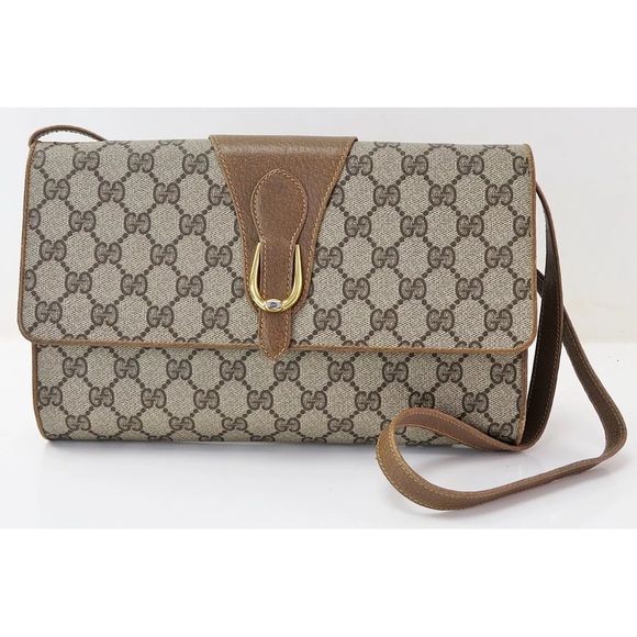 Auth Vintage GUCCI Brown GG PVC Canvas Flap Cover Shoulder Bag purse - Picture 1 of 9